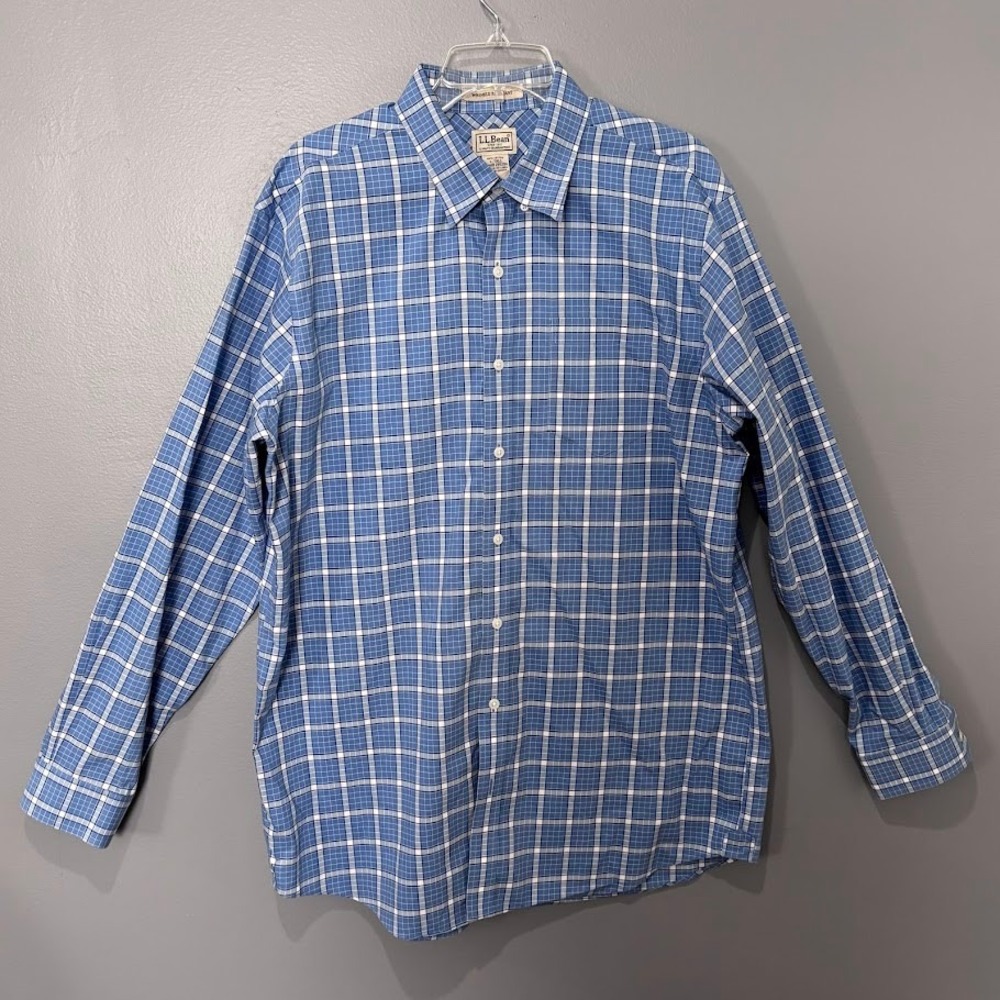LL Bean Button Down Shirt Mns L Tall Blue Cotton Plaid Wrinkle Resistant Classic